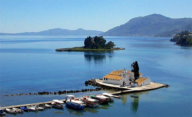 View of Vlachairena near the Corfu Airport. Mouse Island is visible as well.